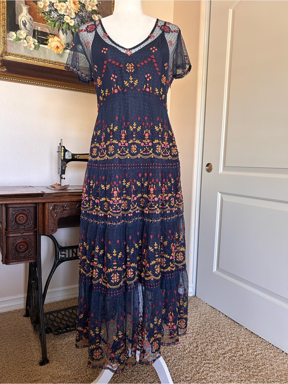 Sundance Navy Floral Embroidered Dress